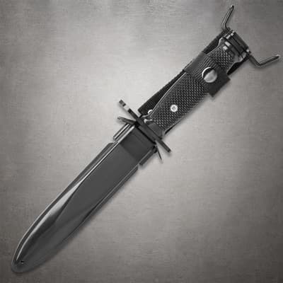 Knife in sheath with textured handle and guard