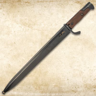 Bayonet sheathed in black metal scabbard