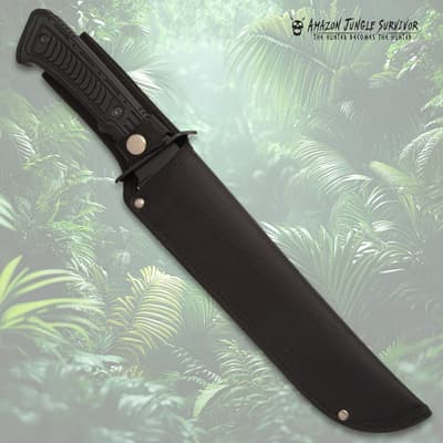 Knife in black sheath against jungle backdrop