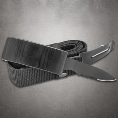 Black belt with concealed knife partially exposed