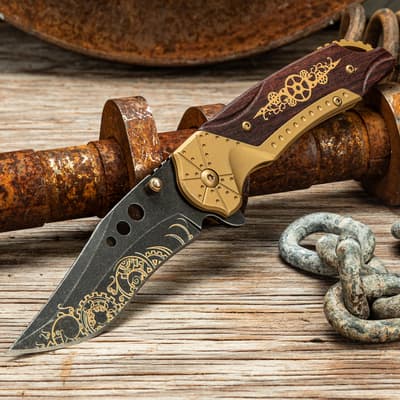 Steampunk knife on rustic wood and metal surface