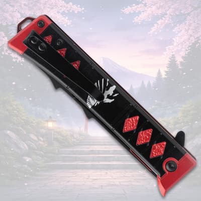 Closed knife with red accents and design