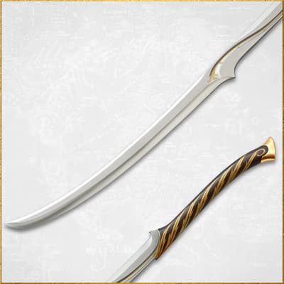 Close-up of a curved sword with ornate handle design