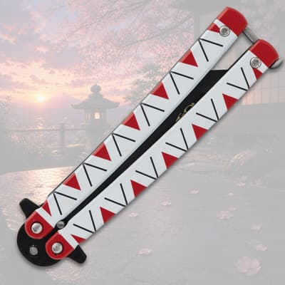 Closed butterfly knife with red and white design