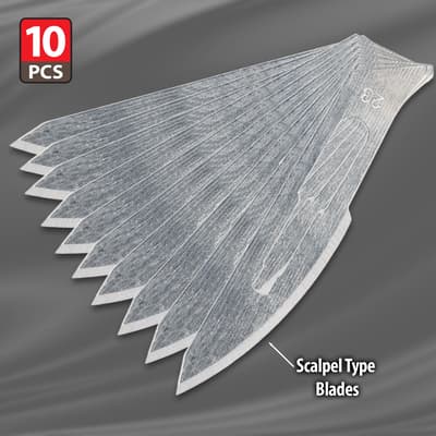 Close-up of 10 scalpel type blades fanned out on gray background