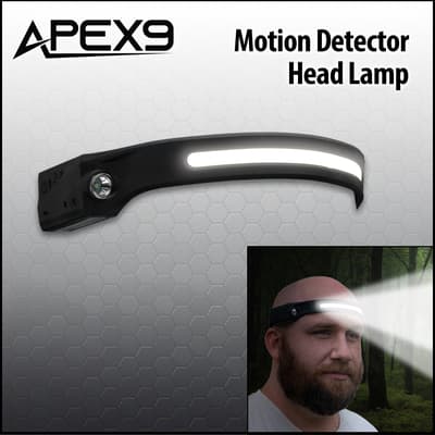 Motion detector headlamp with person wearing it