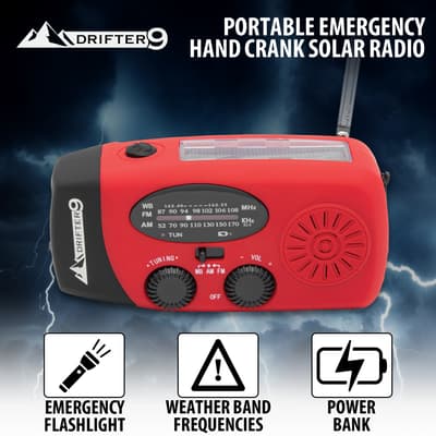 Portable emergency hand crank solar radio with flashlight and power bank features