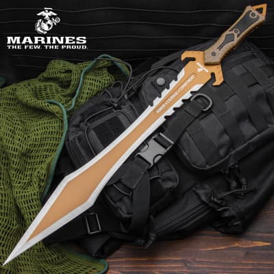 Tactical sword on black backpack with green netting