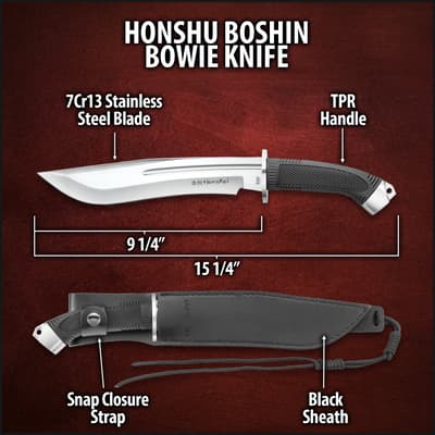 Honshu Boshin Bowie Knife with sheath and specs