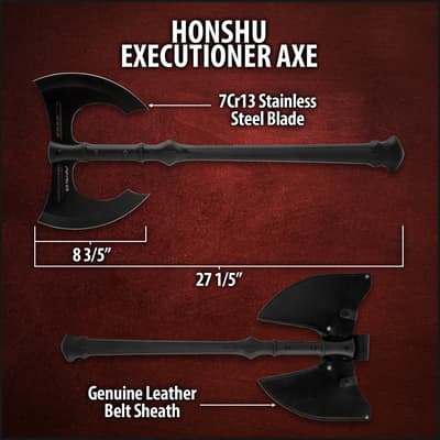 Diagram of Honshu executioner axe with dimensions and sheath