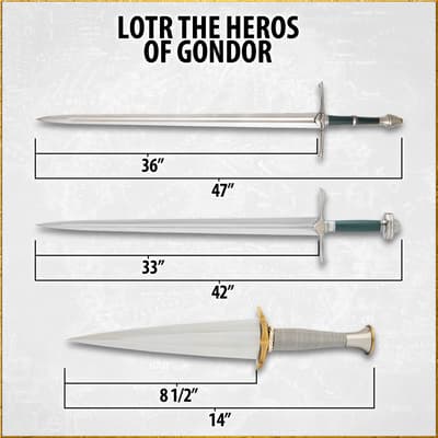 Dimensions of three swords labeled as LOTR Heroes of Gondor