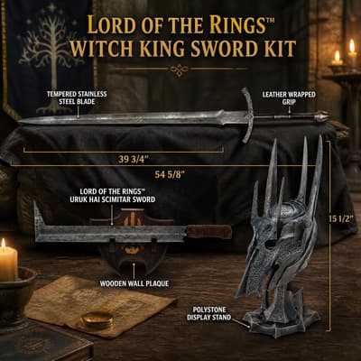 Lord of the Rings Witch King sword kit with dimensions and accessories displayed