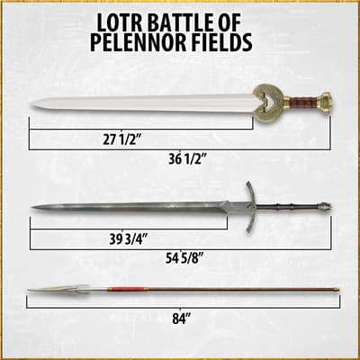Dimensions of three LOTR weapons: sword, spear, and blade