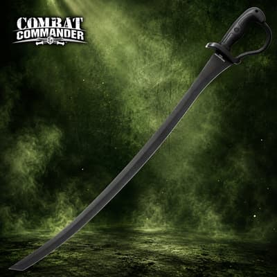 Curved black saber with guard handle on green background