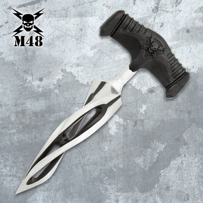 Push dagger with a T-shaped black handle and spiraling blade