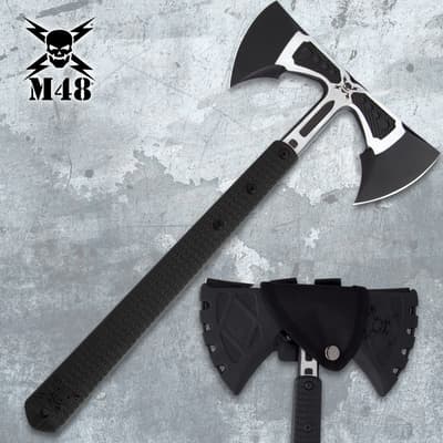 Double-headed tomahawk with black handle and sheath on textured background