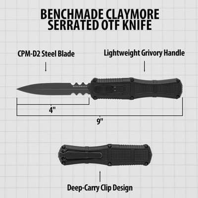 Diagram of Benchmade Claymore knife with measurements and features