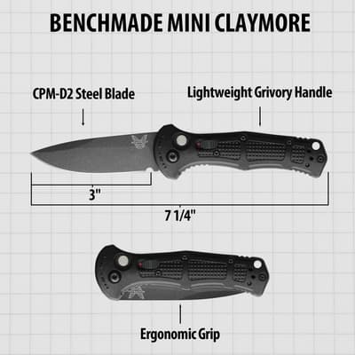 Diagram of black folding knife with dimensions and features labeled