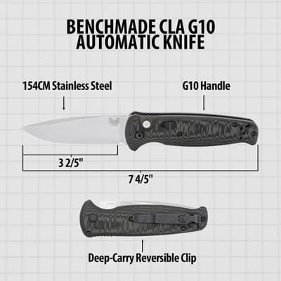 Benchmade CLA G10 knife with dimensions and features labeled