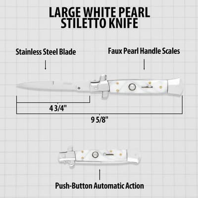 Diagram of large white pearl stiletto knife with dimensions