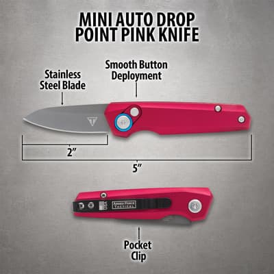 Diagram of mini auto drop point pink knife