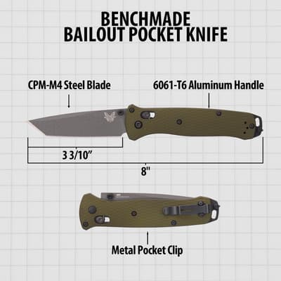 Benchmade Bailout pocket knife with dimensions and material details