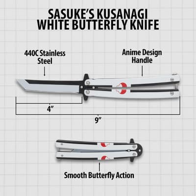 Diagram of white butterfly knife with measurements