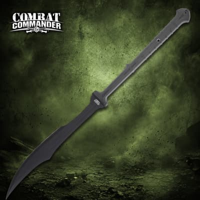 Black sword with angled blade and textured handle on green background