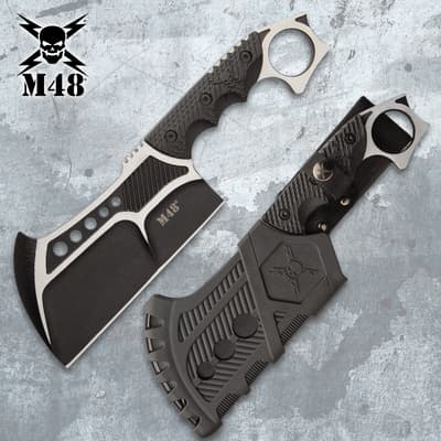 Tactical cleaver with sheath on a textured background