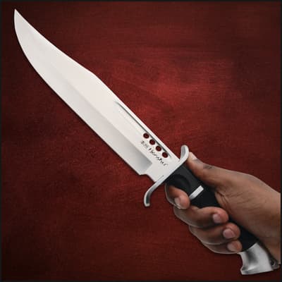 Hand holding a large knife with black handle