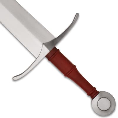Close-up of sword hilt with red leather grip