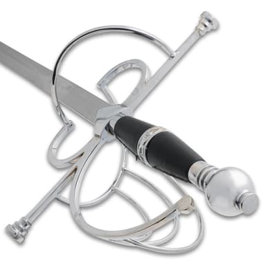 Detailed view of rapier hilt with black grip