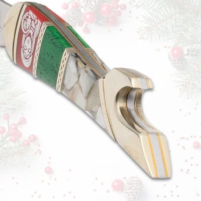 Close-up of knife handle with decorative details