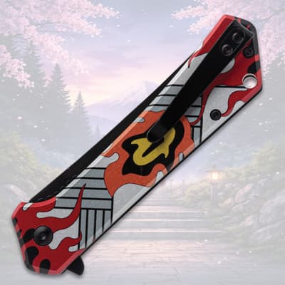 Folded knife with flame design and pocket clip, scenic background