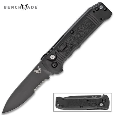 Black folding knife with textured handle and serrated blade