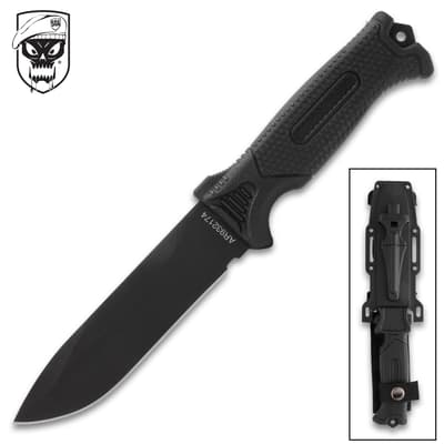 Black tactical knife with sheath and logo