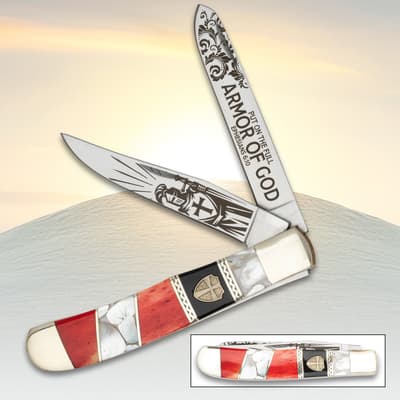 Decorative knife with 'Armor of God' engraving and colorful handle