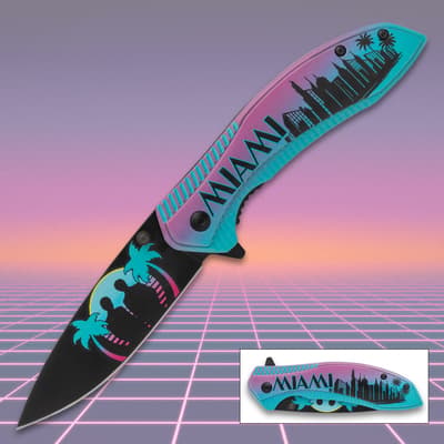 Colorful Miami-themed pocket knife with skyline design