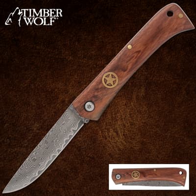 Folding knife with wooden handle and patterned blade