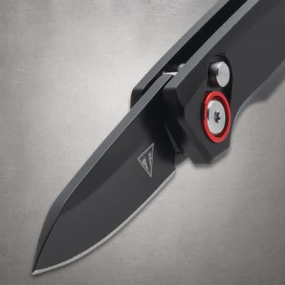 Close-up of black knife blade and button lock
