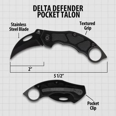 Delta Defender Pocket Talon knife with measurements and features