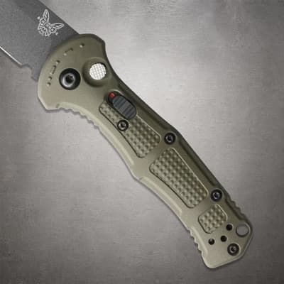 Close-up of a textured olive green knife handle