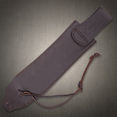 Brown leather sheath with stitching and strap