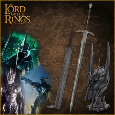 Collage of swords, helmets, and characters from The Lord of the Rings