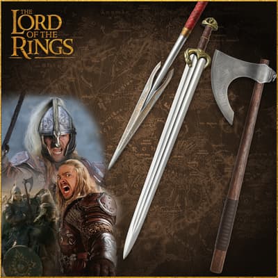 Collage of Rohan warriors and weapons on a map background