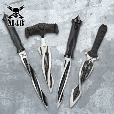 Four tactical knives with black handles on a textured background