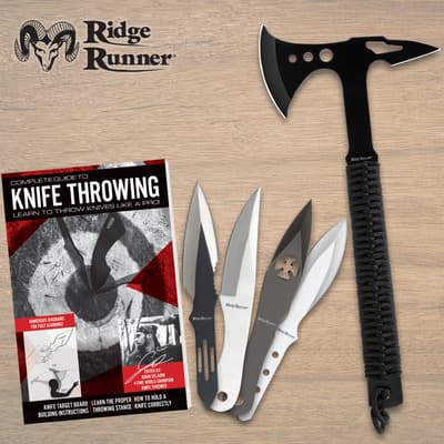 Knife throwing guide with knives and tomahawk on wooden surface