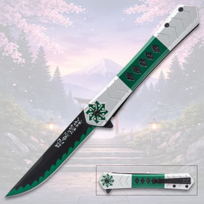 Decorative knife with green and silver handle, mountain background