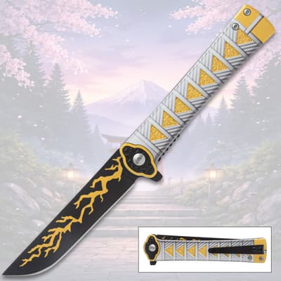 Folding knife with yellow lightning design on blade