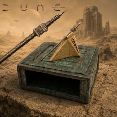 Futuristic landscape with a box and needle on a stone surface
